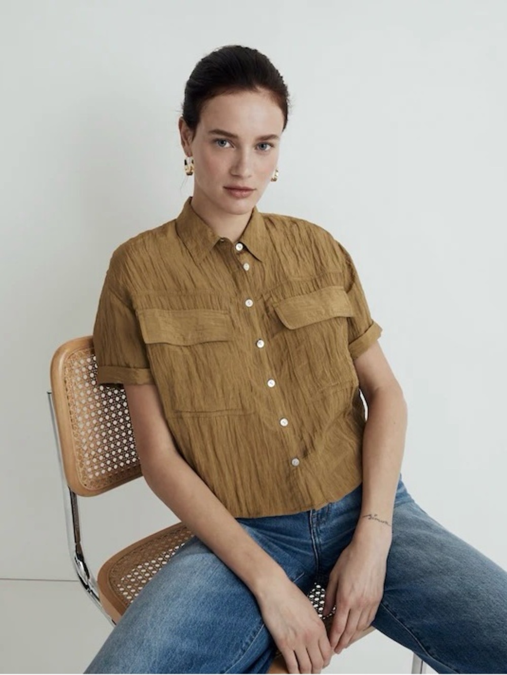 Madewell Crinkled Utility Boxy Button-Up Shirt in Spiced Olive Size S